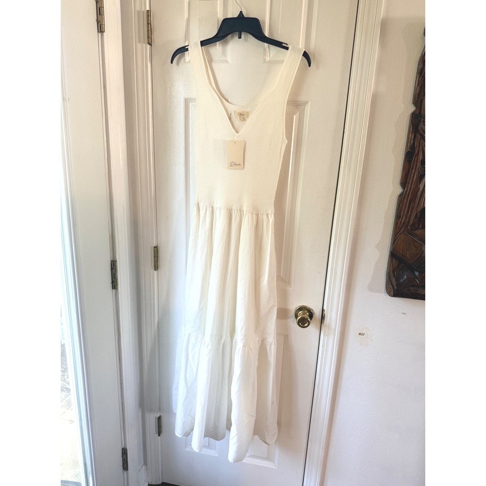 Elan Off White Mixed Media Tank Maxi Dress Sleeveless V-Neck WKR5946 Large